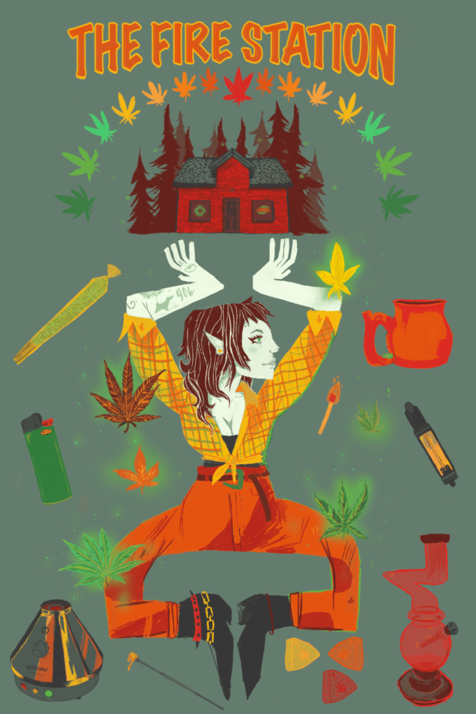 Mary jane as an elf dressed for the UP and her little pot leaf fairies around her and the first Fire Station location, and items sold at your locations and color palette inspired by TFS brand and artwork at all your locations