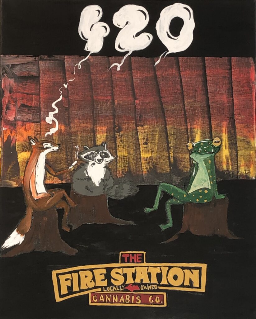 Fox, frog, and racoon smoking 420 on tree stumps - 420 poster contest submission