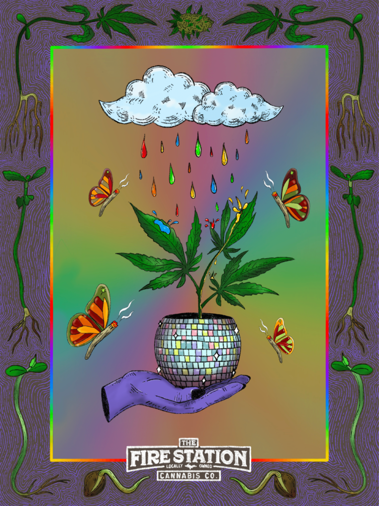 disco ball pot holding a cannabis plan, plant roots and butterflies bordering - TFS Poster Contest