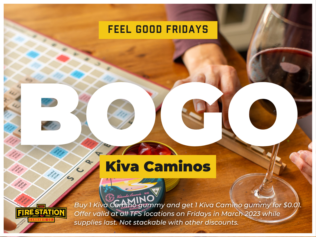 Buy 1 Kiva Camino gummy and get 1 Kiva Camino gummy for $0.01. Offer valid at all TFS locations on Fridays in March 2023 while supplies last.