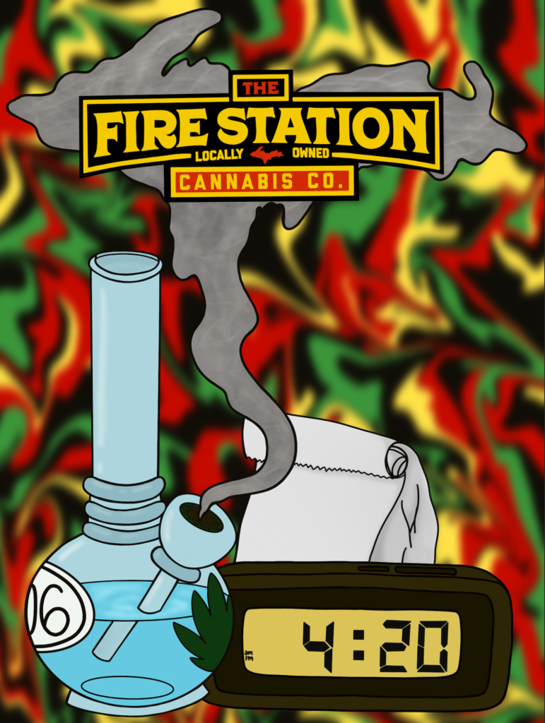 Bong with smoke, white bag, and 4:20 on an alarm clock with TFS brand colors in the background - TFS poster contest