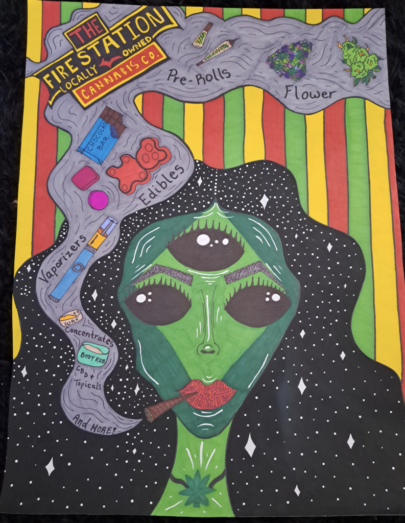 Alien with space for hair smoking a joint - TFS poster contest