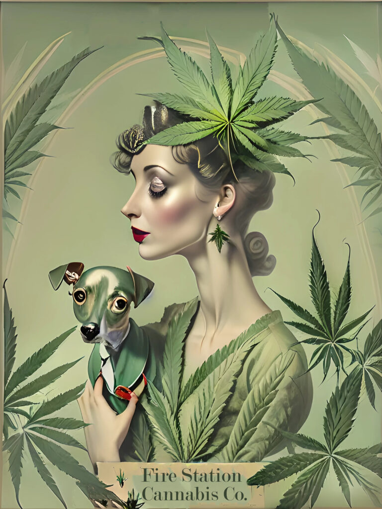 Lady and dog surrounded by pot leafs - 420 poster contest