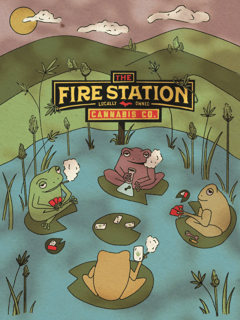 Frogs sitting on lily pads smoking a joint with the TFS logo above them - TFS poster contest