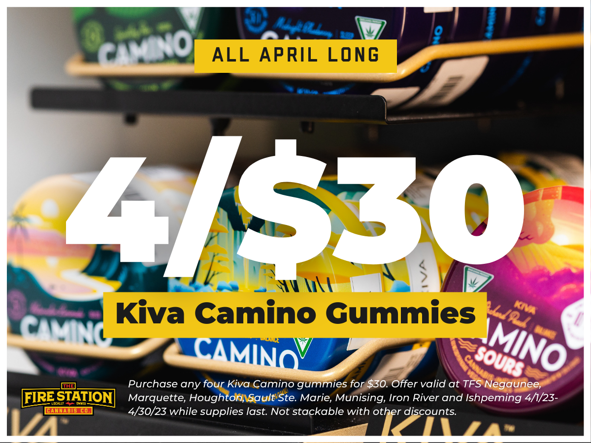 Buy any 4 Kiva Camino gummies for $30. Offer valid from 4/1/23 to 4/30/23 while supplies last. Not stackable with other discounts.
