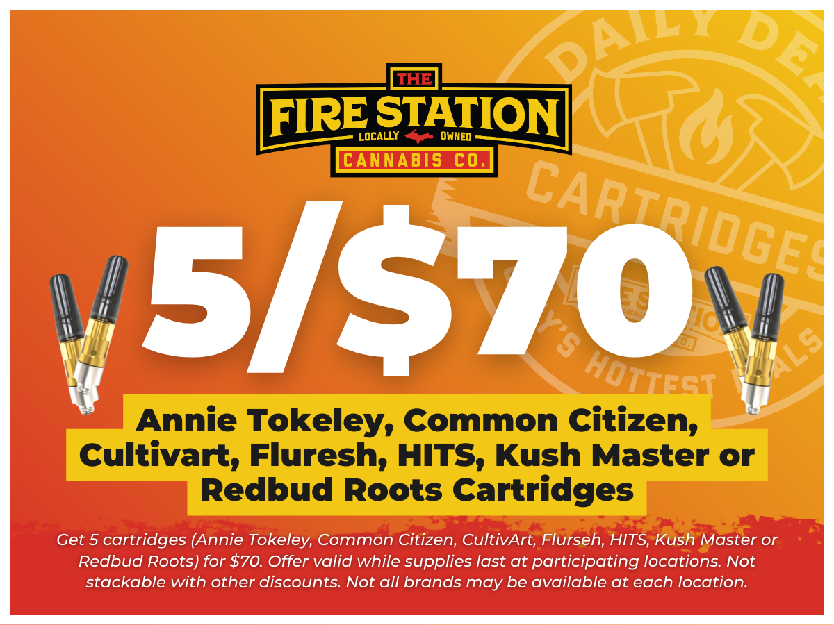 Get 5 cartridges (Annie Tokeley, Common Citizen, Cultivart, Fluresh, HITS, Kush Masters, or Redbud Roots) for $70. Offer valid while supplies last at participating locations. Not stackable with other discounts. Not all brands may be available at each location.