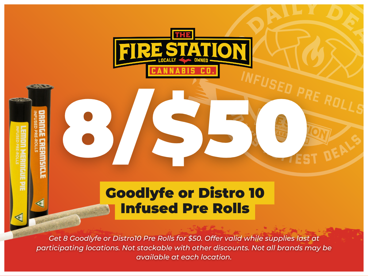 Get any 8 Goodlyfe or Distro10 Infused Pre-Rolls for $50. Offer valid while supplies last at all TFS locations. Not stackable with other discounts.