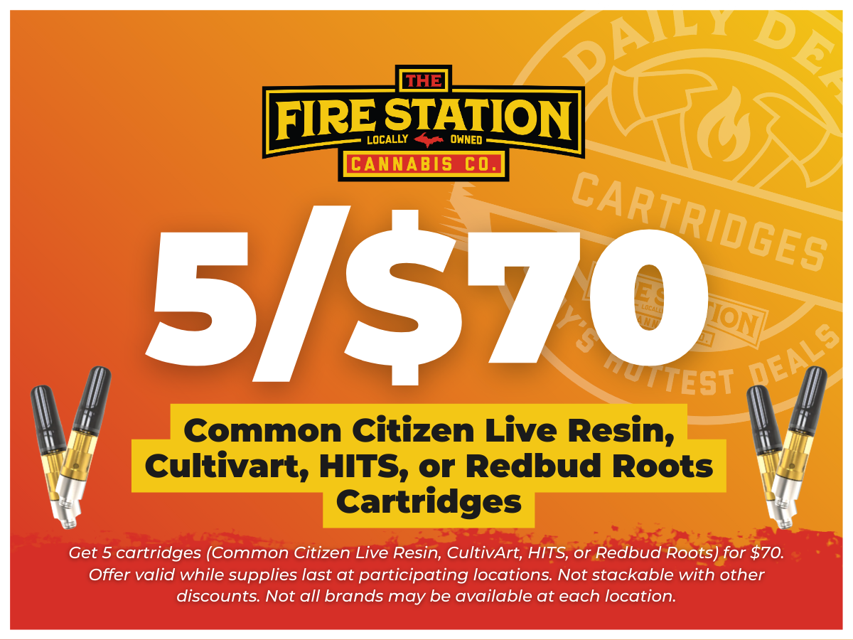 Get 5 cartridges (Common Citizen Live Resin, Cultivart, HITS, or Redbud Roots) for $70. Offer valid while supplies last at participating locations. Not stackable with other discounts. Not all brands may be available at each location.
