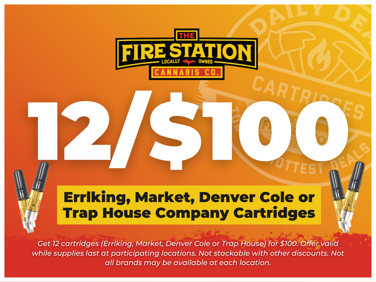 Get 12 cartridges (Denver Cole, Errlking, Market, or Trap House) for $100. Offer valid while supplies last at participating locations. Not stackable with other discounts. Not all brands may be available at each location.