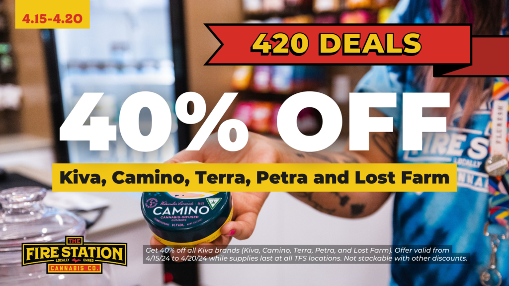 Get 40% off all Kiva brands (Kiva, Camino, Terra, Petra, and Lost Farm). Offer valid from 4/15/24 to 4/20/24 while supplies last at all TFS locations. Not stackable with other discounts.
