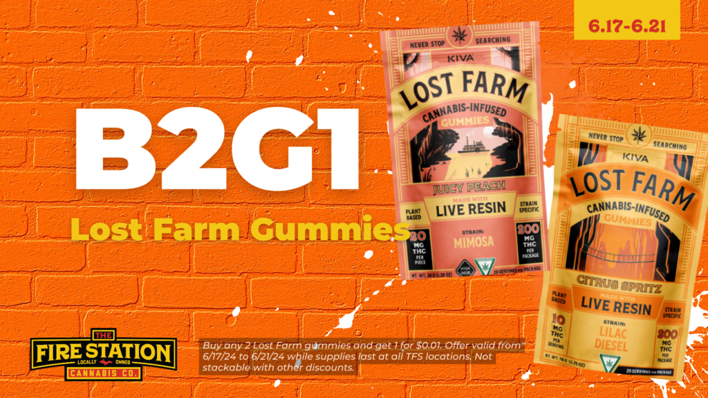 Buy any 2 Lost Farm gummies and get 1 for $0.01. Offer valid from 6/17/24 to 6/21/24 while supplies last at all TFS locations. Not stackable with other discounts.