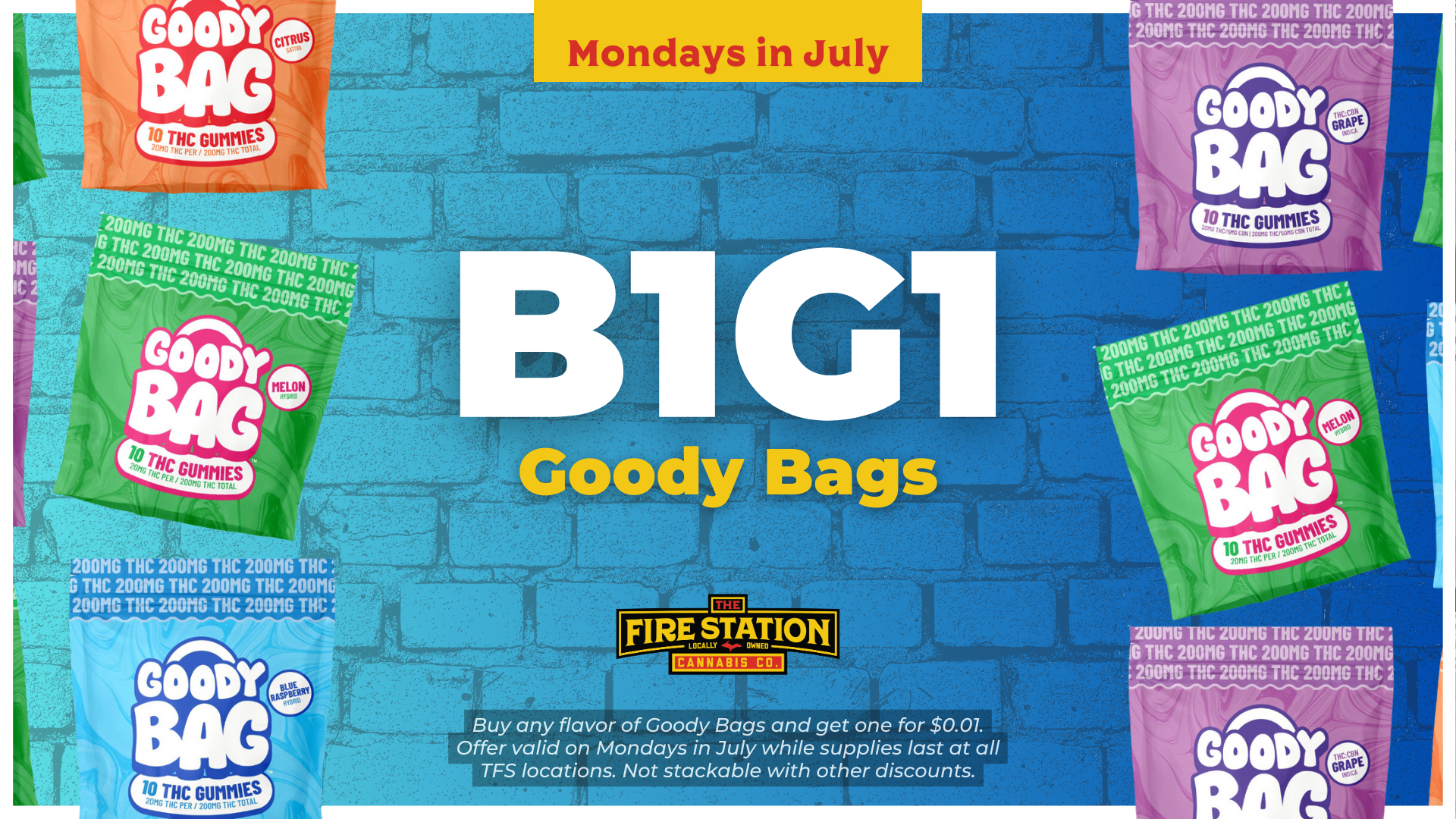 Buy any flavor of Goody Bags and get one for $0.01. Offer valid on Mondays in July while supplies last at all TFS locations. Not stackable with other discounts.