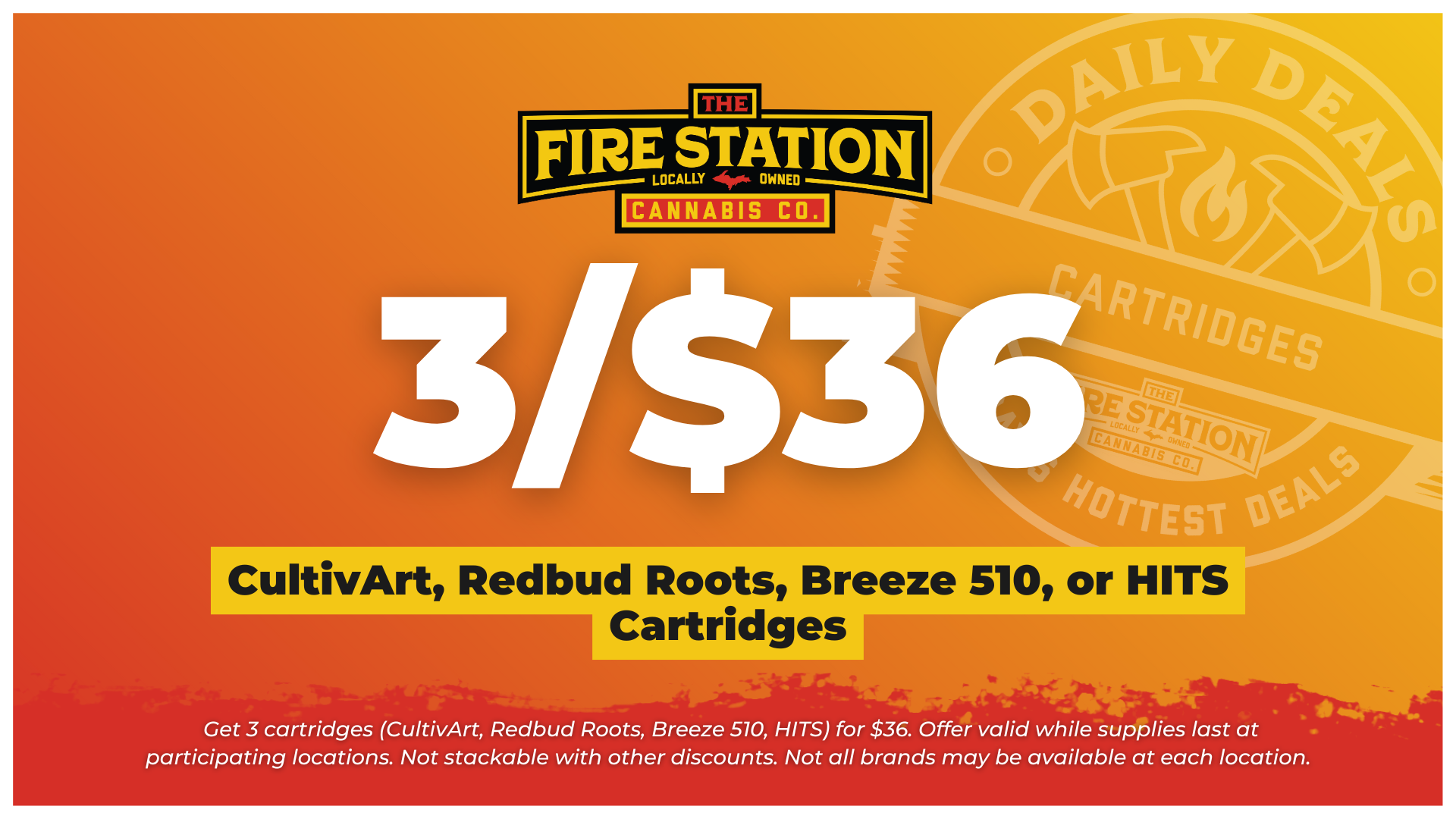 Get 3 cartridges (CultivArt, Redbud Roots, Breeze 510, HITS) for $36. Offer valid while supplies last at participating locations. Not stackable with other discounts. Not all brands may be available at each location.