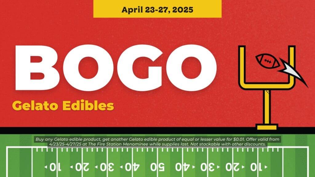 Buy any Gelato edible product, get another Gelato edible product of equal or lesser value for $0.01. Offer valid from 4/23/25-4/27/25 at The Fire Station Menominee while supplies last. Not stackable with other discounts.