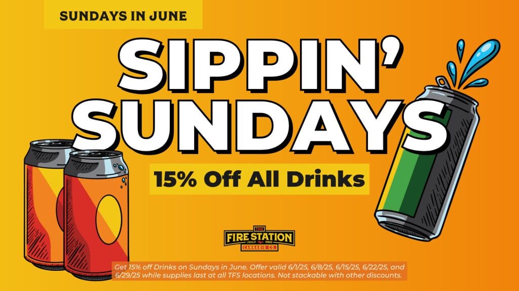 Get 15% off Drinks on Sundays in June. Offer valid 6/1/25, 6/8/25, 6/15/25, 6/22/25, and 6/29/25 while supplies last at all TFS locations. Not stackable with other discounts.