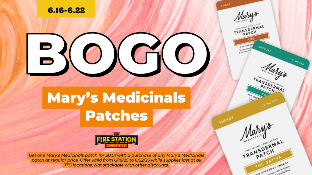 Get one Mary’s Medicinals patch for $0.01 with a purchase of any Mary’s Medicinals patch at regular price. Offer valid from 6/16/25 to 6/22/25 while supplies last at all TFS locations. Not stackable with other discounts.