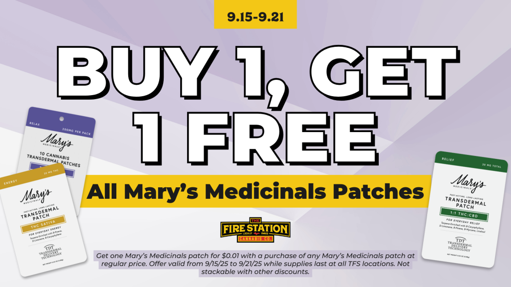 Get one Mary’s Medicinals patch for $0.01 with a purchase of any Mary’s Medicinals patch at regular price. Offer valid from 9/15/25 to 9/21/25 while supplies last at all TFS locations. Not stackable with other discounts.