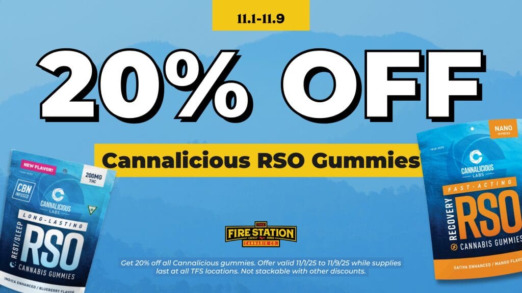 Get 20% off all Cannalicious gummies. Offer valid 11/1/25 to 11/9/25 while supplies last at all TFS locations. Not stackable with other discounts.