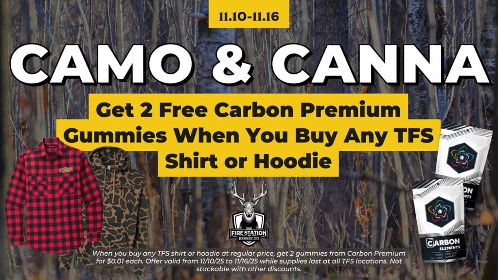 When you buy any TFS shirt or hoodie at regular price, get 2 gummies from Carbon Premium for $0.01 each. Offer valid from 11/10/25 to 11/16/25 while supplies last at all TFS locations. Not stackable with other discounts.