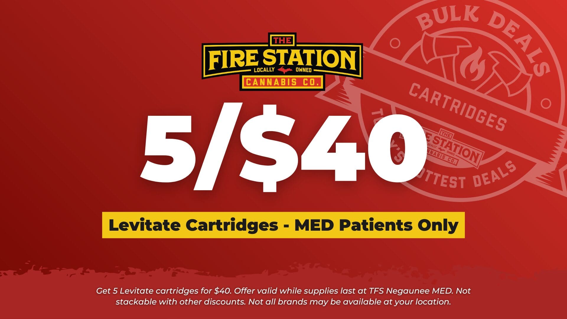 Get 5 Levitate cartridges for $40. Offer valid while supplies last at TFS Negaunee MED. Not stackable with other discounts. Not all brands may be available at your location.