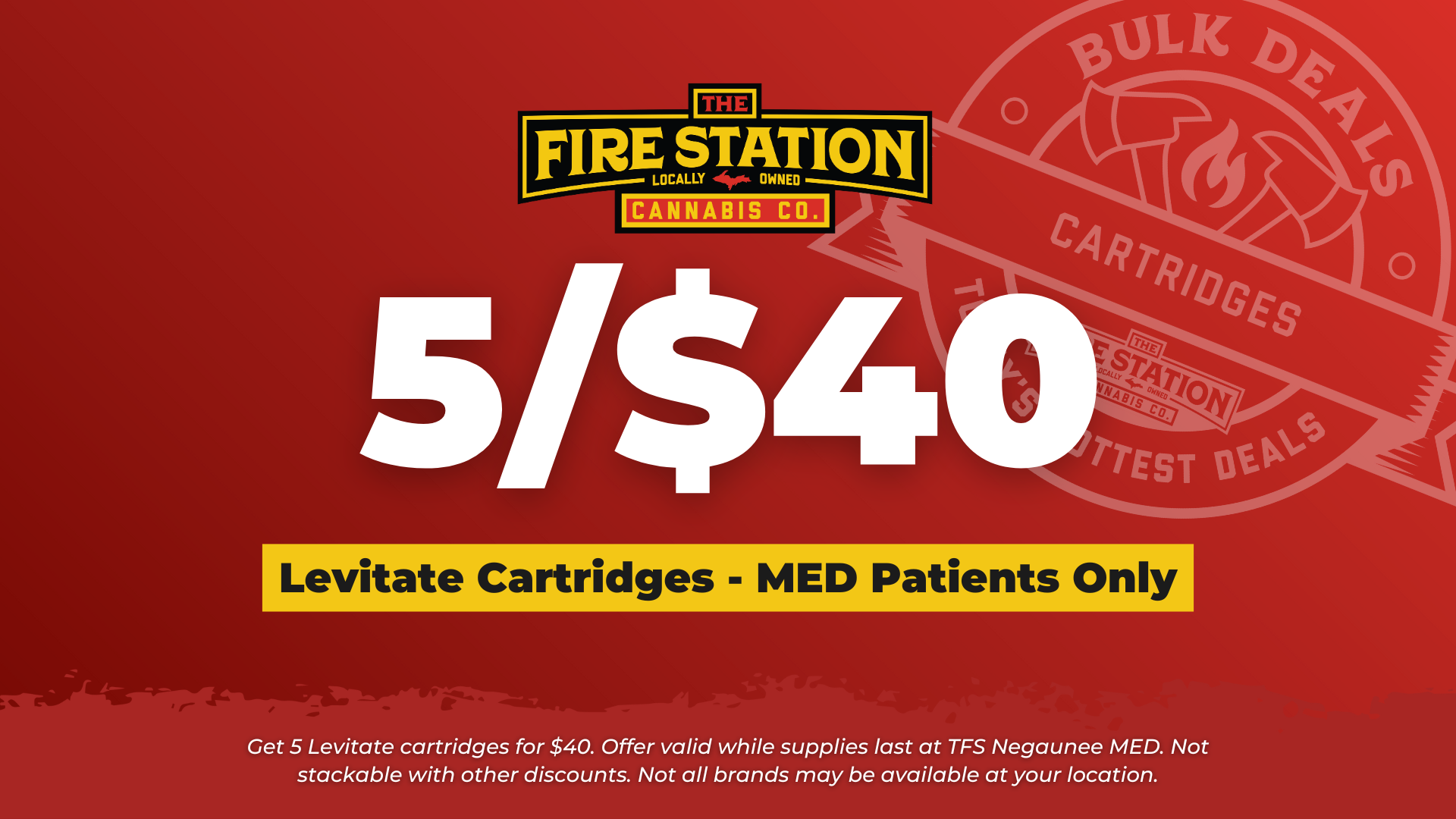 Get 5 Levitate cartridges for $40. Offer valid while supplies last at TFS Negaunee MED. Not stackable with other discounts. Not all brands may be available at your location.