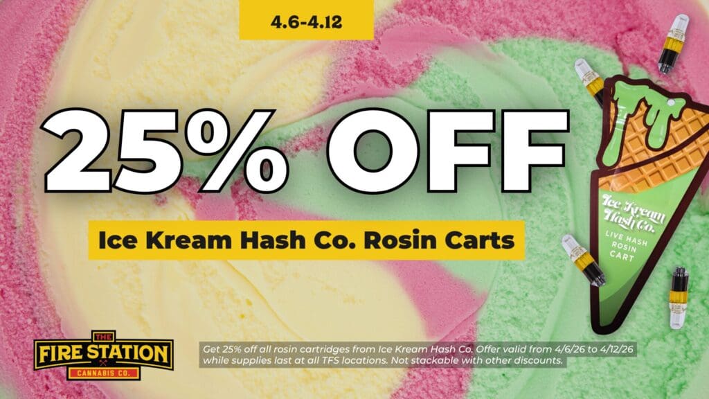 Get 25% off all rosin cartridges from Ice Kream Hash Co. Offer valid from 4/6/26 to 4/12/26 while supplies last at all TFS locations. Not stackable with other discounts.