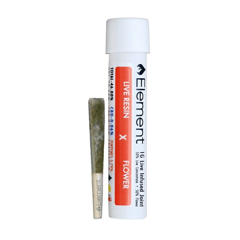 50% Element Live Resin, 50% top-shelf flower, the Element 1 gram Live Resin Joint is certified 100% fire. This award-winning infused pre-roll adds the power of Element Live Resin to premium flower, resulting in a naturally terpene rich joint with THC percentages commonly 45% or above.