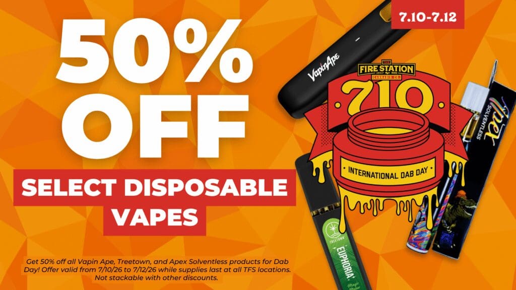 Get 50% off all Vapin Ape, Treetown, and Apex Solventless products for Dab Day! Offer valid from 7/10/26 to 7/12/26 while supplies last at all TFS locations. Not stackable with other discounts.