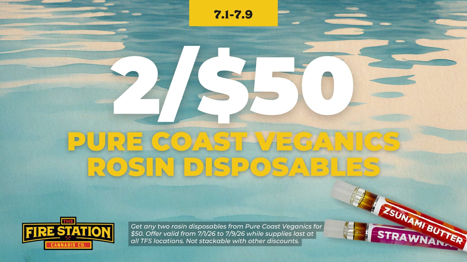 Get any two rosin disposables from Pure Coast Veganics for $50. Offer valid from 7/1/26 to 7/9/26 while supplies last at all TFS locations. Not stackable with other discounts.