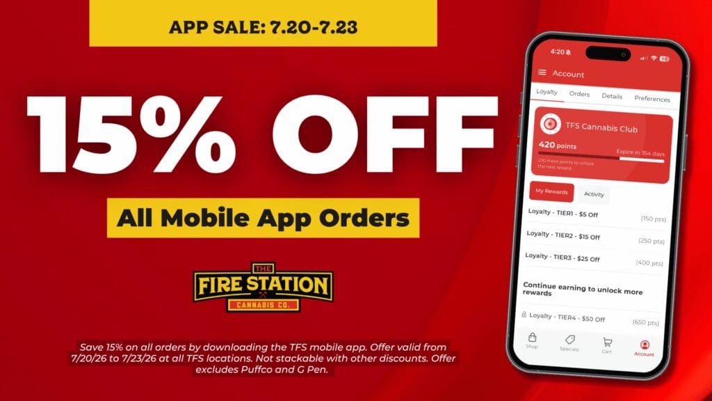 Save 15% on all orders by downloading the TFS mobile app. Offer valid from 7/20/26 to 7/23/26 at all TFS locations. Not stackable with other discounts. Offer excludes Puffco and G Pen.