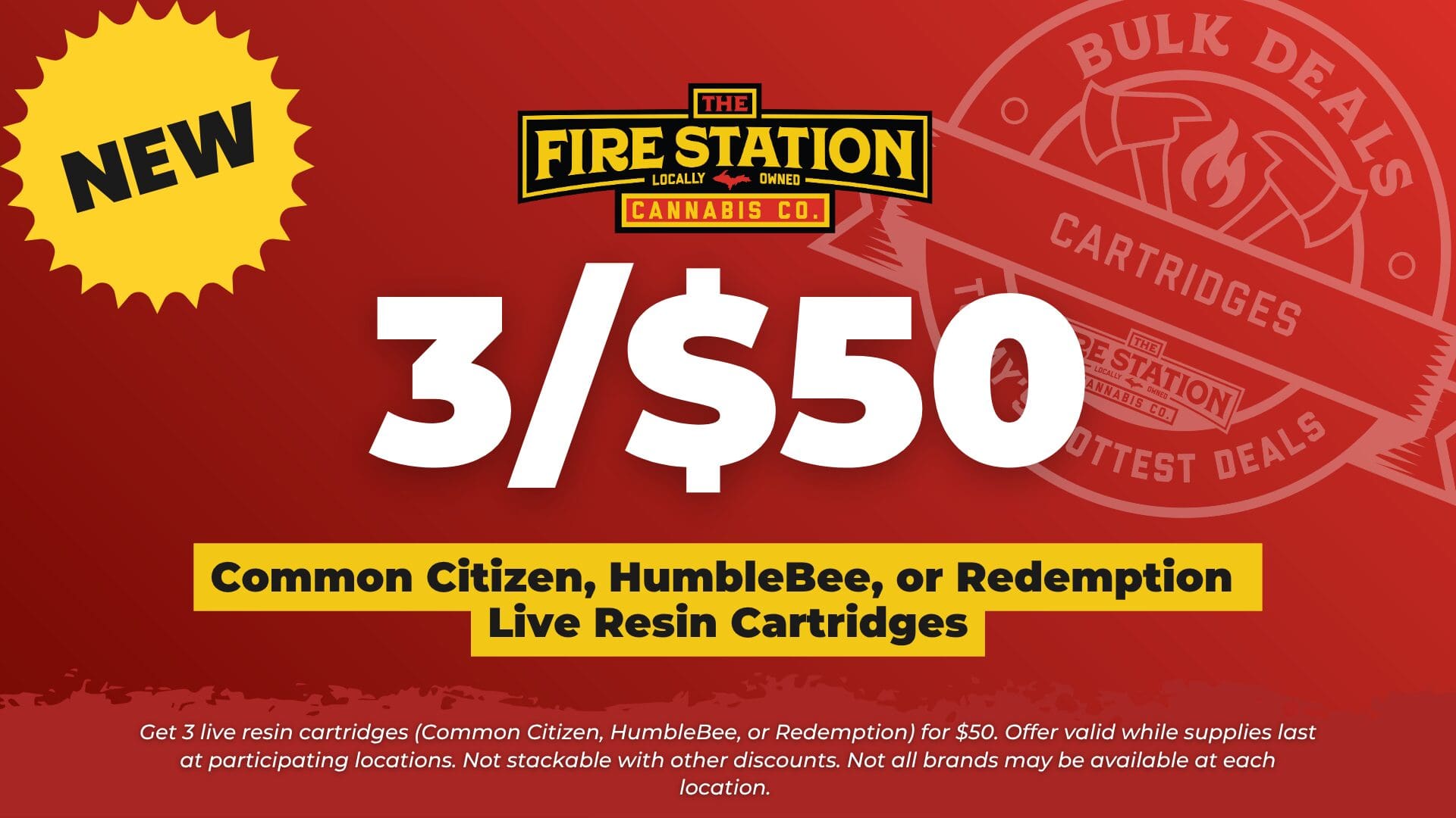 Get 3 live resin cartridges (Common Citizen, HumbleBee, or Redemption) for $50. Offer valid while supplies last at participating locations. Not stackable with other discounts. Not all brands may be available at each location.