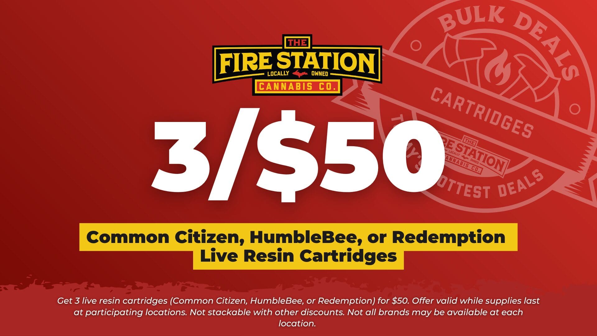 Get 3 live resin cartridges (Common Citizen, HumbleBee, or Redemption) for $50. Offer valid while supplies last at participating locations. Not stackable with other discounts. Not all brands may be available at each location.