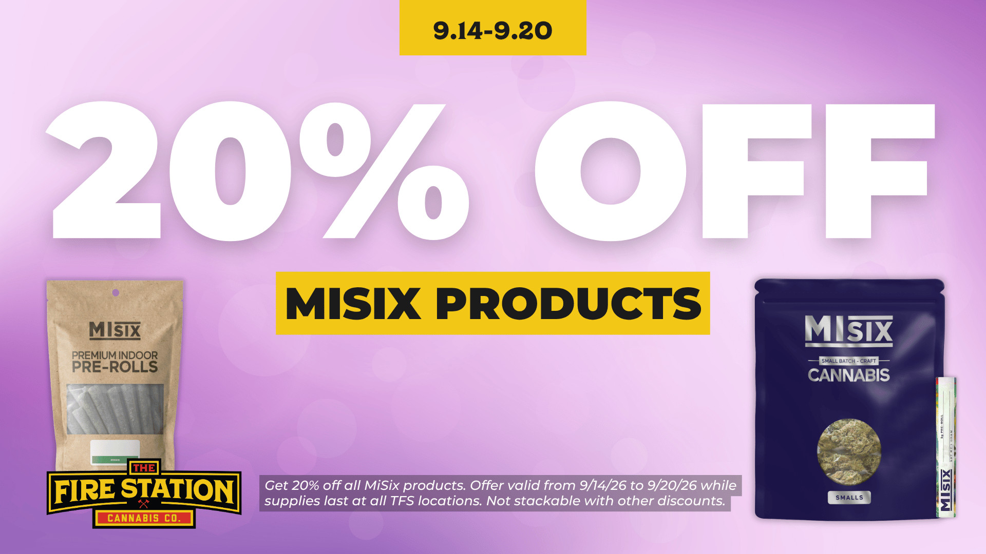 Get 20% off all MiSix products. Offer valid from 9/14/26 to 9/20/26 while supplies last at all TFS locations. Not stackable with other discounts.