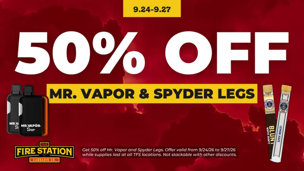 Get 50% off Mr. Vapor and Spyder Legs. Offer valid from 9/24/26 to 9/27/26 while supplies last at all TFS locations. Not stackable with other discounts.