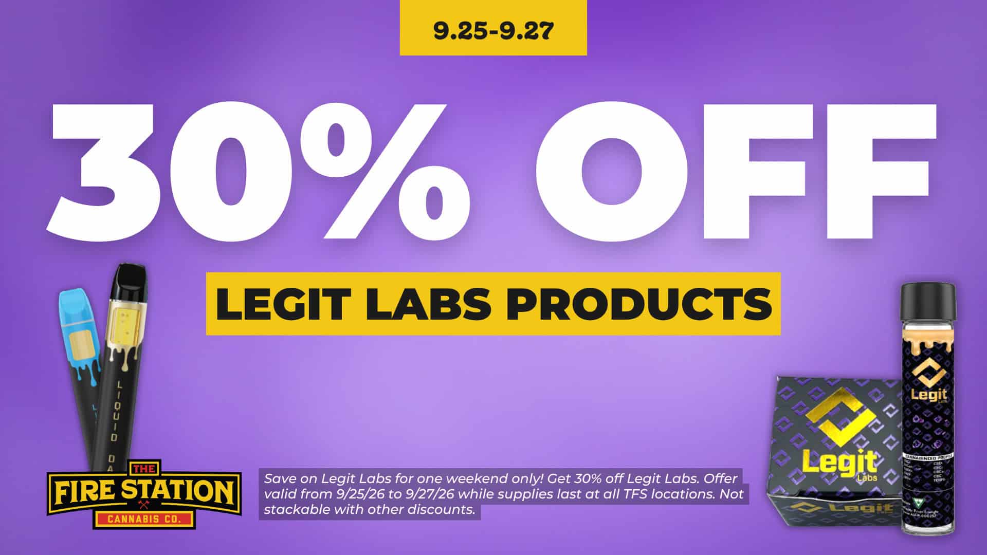Save on Legit Labs for one weekend only! Get 30% off Legit Labs. Offer valid from 9/25/26 to 9/27/26 while supplies last at all TFS locations. Not stackable with other discounts.