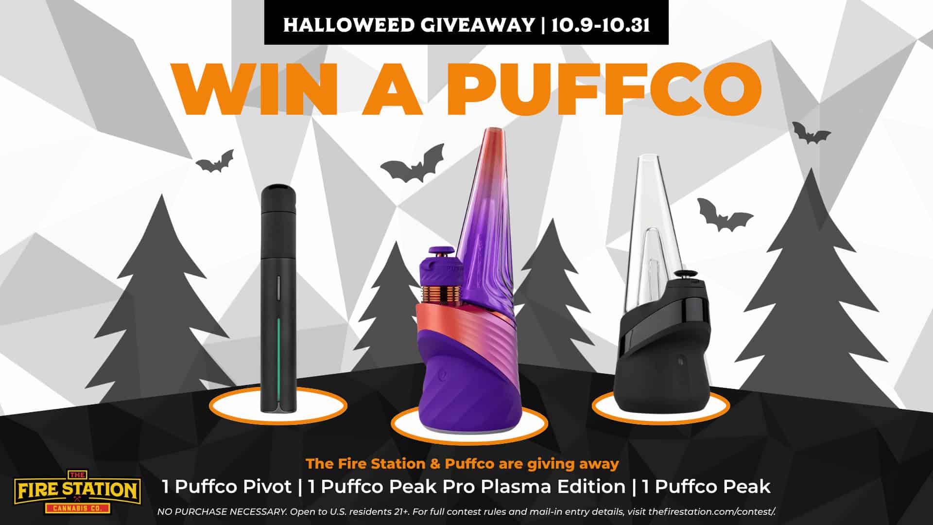 The Fire Station & Puffco are giving away 1 Puffco Pivot, 1 Puffco Peak Pro Plasma Edition, and 1 Puffco Peak.